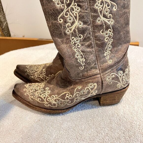 Corral Distressed Brown Cowgirl Boots Bone Embroidery 7.5 Western Cowboy Boho - Picture 14 of 16